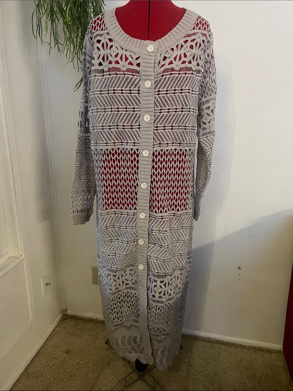 Light Gray Crochet Long Button-Up Cardigan